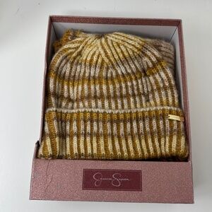 Jessica Simpson Womens Winter Beanie Hat and Scarf Taupe Mustard Gold Rib Knit